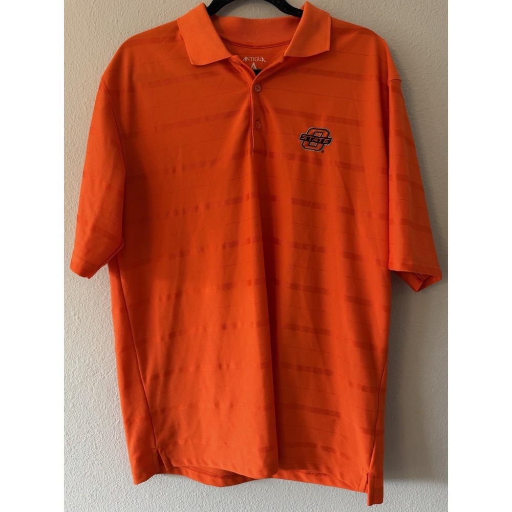 Antigua Oklahoma State Shirt Mens Size Large Orange Polo Short Sleeve Golf Shirt